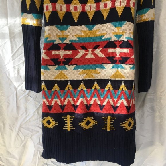 Vintage Jessica Simpson Long Sweater Size XS Tribal Aztec Navy Mustard Y2K - Picture 9 of 14